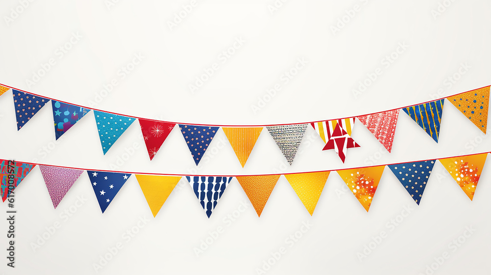 Fototapeta premium Fanions - Guirlande - Drapeaux - Triângulos - Bannière festivo e colorido para a festa - Cores doces e harmoniosas