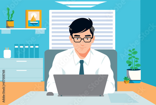 Cartoon flat character of a manager in his office working on laptop