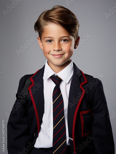 Portrait of a happy little schoolkid in a bold school kit uniform outfit