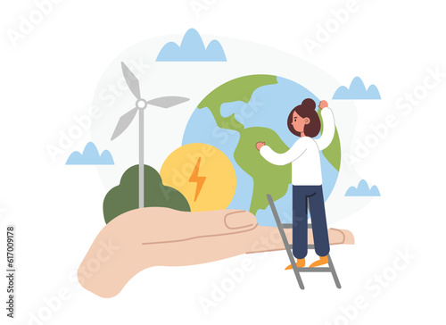 Eco friendly urban infrastructure. Caring for planet. Female character protects Earth. Smart and frugal use of natural resources, wind and solar energy