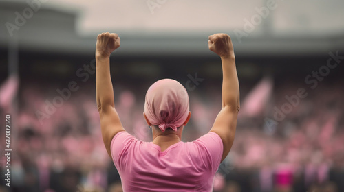 A woman raises her hands in front of a crowd in a campaign to fight breast cancer. photo