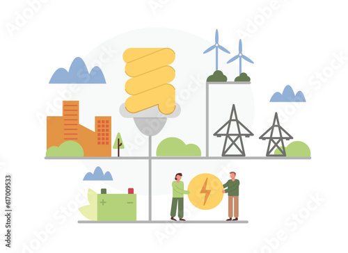 Eco friendly urban infrastructure. Process of converting kinetic energy of wind into electricity. Operation of wind power plant. Smart use of natural resources