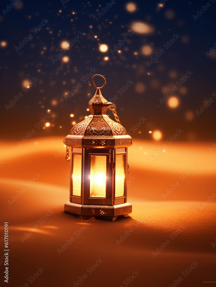 Islamic lantern in dessert background - ai generative