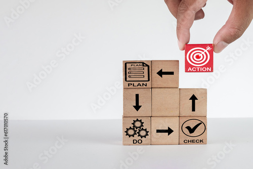Hand putting red wooden cube with action icon for PDCA cycle idea for businesses, management, and creative problem-solving. Achieve your goals with efficient workflows and measurable results.