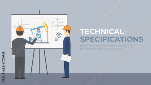 Technicians and engineers in an industrial plant or factory. Petroleum or mineral extraction industry vector. Discussion of a work plan. 