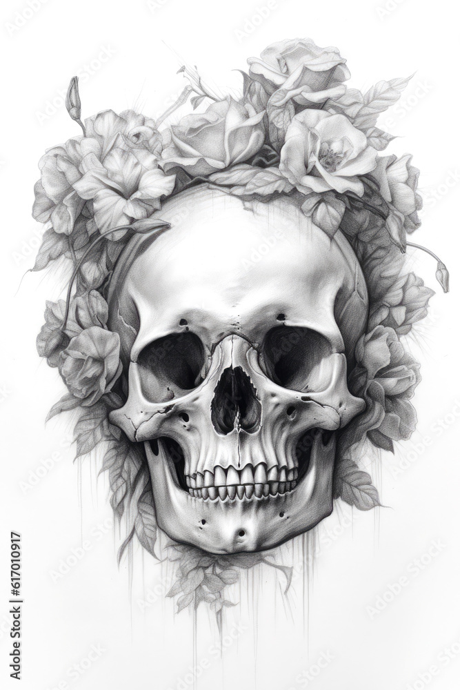 Skull and roses pencil sketch Generative AI Skull and roses pencil sketch Generative AI