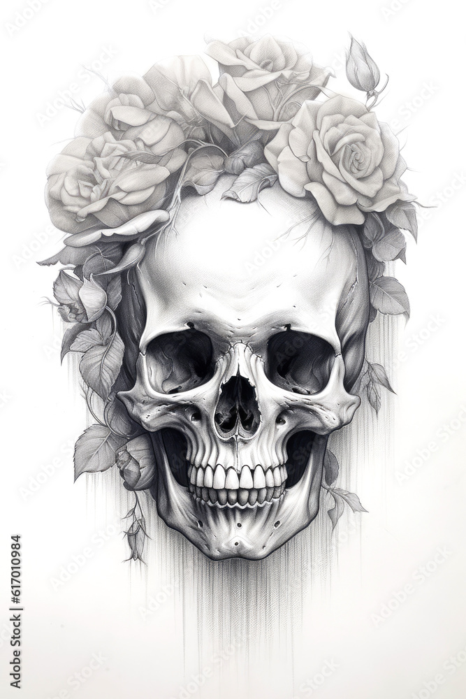 Skull and roses pencil sketch Generative AI Skull and roses pencil sketch Generative AI