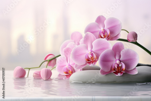Pink orchids flowers in water, spa concept Generative AI