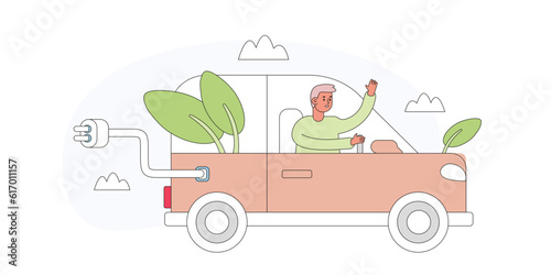 Man in electric car rushes to charging station. Time to charge battery in car. Search for nearest public charging station. Reducing world energy consumption