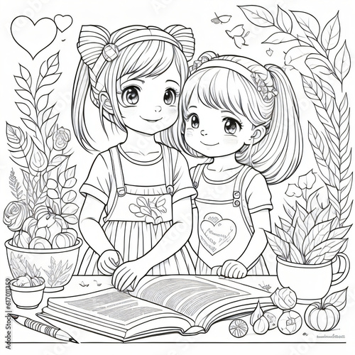 Two girls reading book