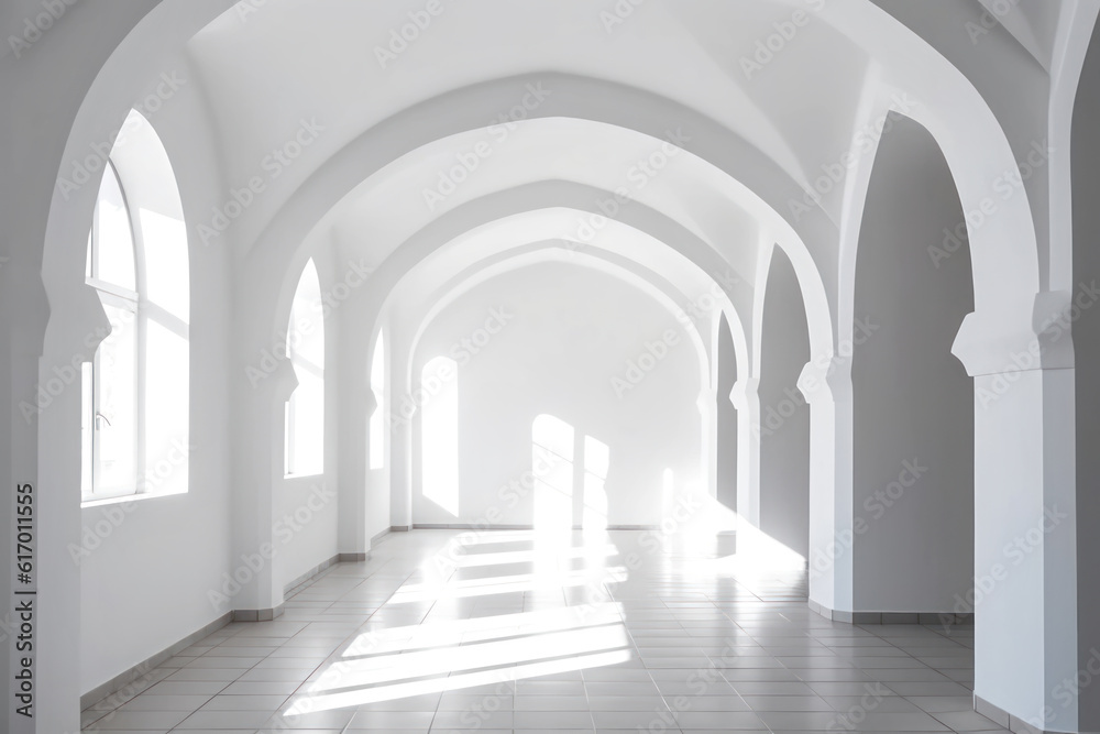 White empty room with arched ceiling, windows, shadows and sunlight.