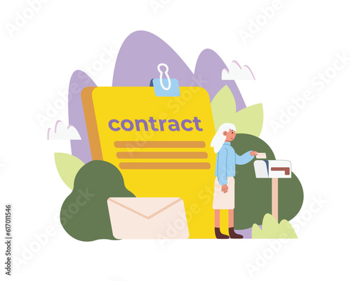 Cartoon girl sends contract by mail for position at work. Process of selecting resumes of seekers and offering job. Human resource management. Vector flat style illustration