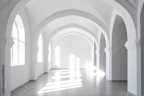 White empty room with arched ceiling  windows  shadows and sunlight.