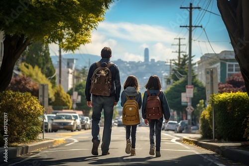 Back View of Family Walking Down the Street with Backpacks. AI
