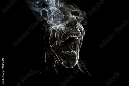 Shouting face illustration made from wisps of smoke on black background. 