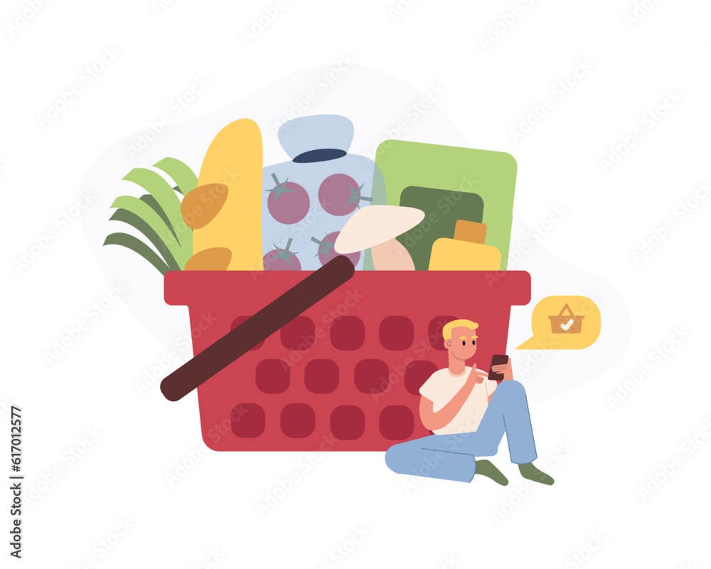 Cartoon man filled grocery cart online on mobile app. Choosing fruits, vegetables and beverages via mobile applications. Online grocery shopping. Vector illustration