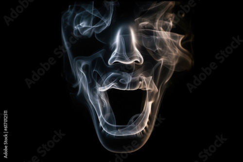 Face illustration made from wisps of smoke on black background. 