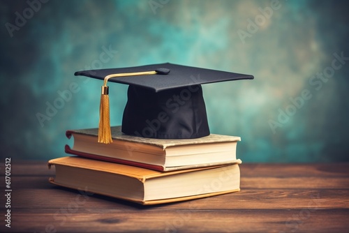 Graduation Cap Resting on Books: Symbolizing Education and Back to School. AI