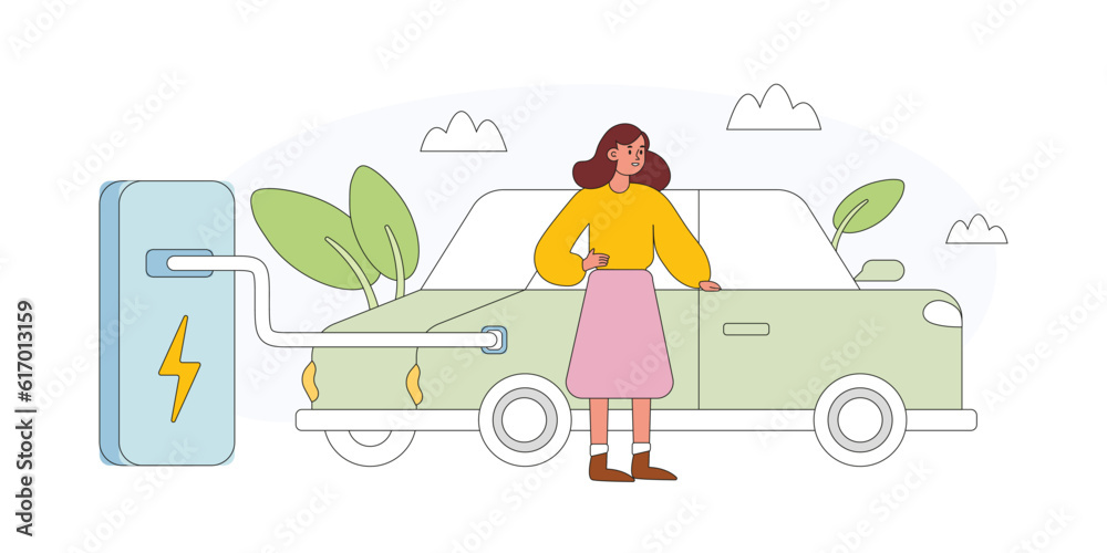 Female character is charging electric car. Car is plugged in. Charging station for cars. Sustainable transportation services. Use of renewable energy without polluting environment Female character is charging electric car. Car is plugged in. Charging station for cars. Sustainable transportation services. Use of renewable energy without polluting environment