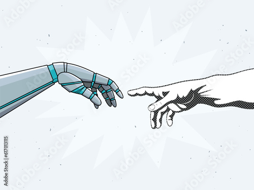 Robot and God hands in a modern collage style. Vector illustration