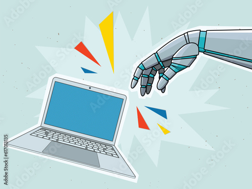 Robot hand and a laptop in a modern collage style. Vector illustration