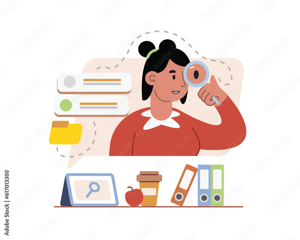 HR young manager selecting candidates for work or study with magnifying glass. Human resource management. Specialists engaged in selection of job candidates. Vector illustration
