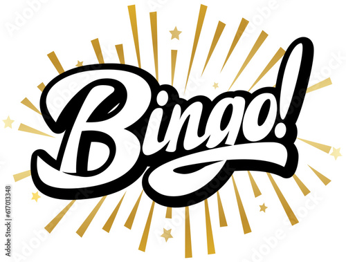 Stylish calligraphic inscription Bingo with diverging rays. Vector color, editable illustration. Template for design