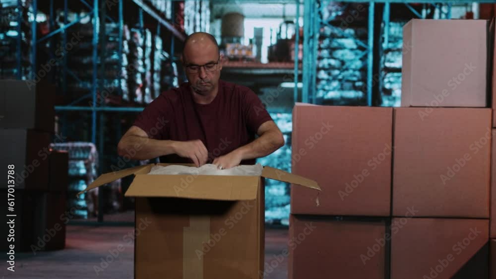 Middle aged caucasian male with glasses unpacking and packing cardboard box in a warehouse. Middle aged caucasian male with glasses unpacking and packing cardboard box in a warehouse.