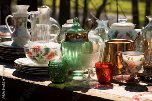 A beautiful and carefully arranged display of vintage china and glassware at a local yard sale, their colors and patterns catching the morning sun.