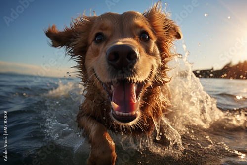 Happy dog playing on the beach early in the morning, panorama, nice view, sea landscape, morning light. Generative Ai. 