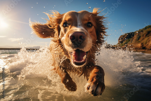 Happy dog playing on the beach early in the morning, panorama, nice view, sea landscape, morning light.  Generative Ai.  © Карина Терехова