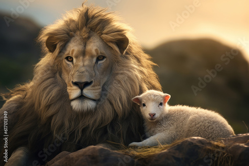 The lion and the lamb lie together. AI generative.