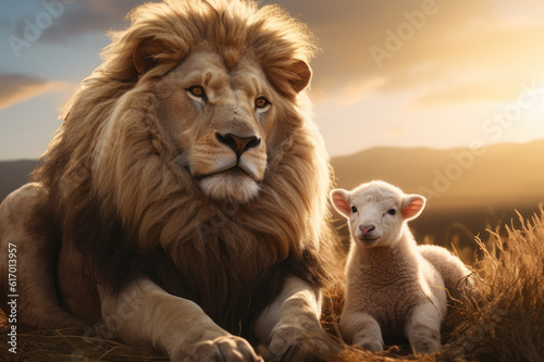 Foto Lion and lamb. AI generative.
