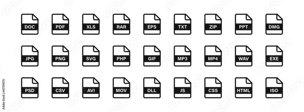File icon. Format of documents on the computer symbol. jpg, pdf, doc, rar, eps, txt, zip, ppt signs. Video files symbols. Presentation, audio, design icons. Black color. Vector isolated sign.