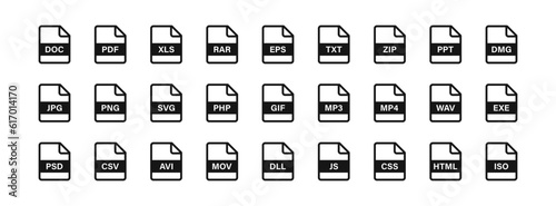 File icon. Format of documents on the computer symbol. jpg, pdf, doc, rar, eps, txt, zip, ppt signs. Video files symbols. Presentation, audio, design icons. Black color. Vector isolated sign.