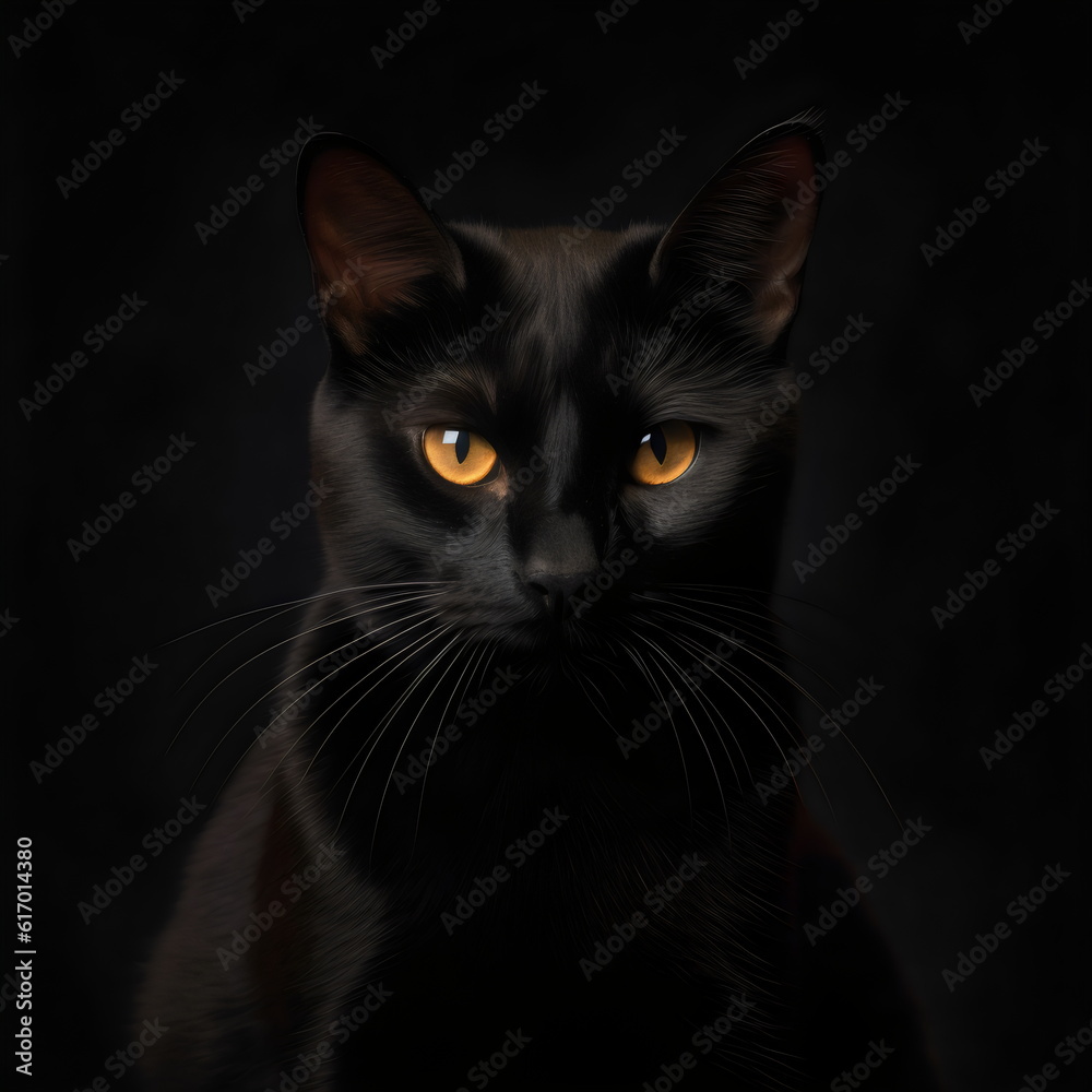 closeup black cat face isolated on black studio background, made with generative ai