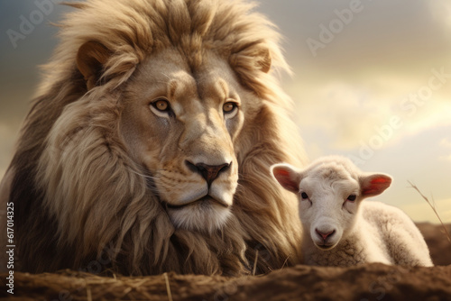 Lion and lamb lie together in nature. AI generative. © Iaroslav