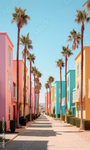 Illustration of a summer street with pastel buildings and palm trees. Abstract travel scene. Generative AI.
