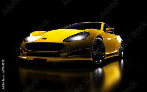 Yellow sports car on black background. AI  Generative AI