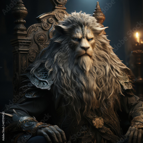 Fantastic lion on the royal throne. AI generative.