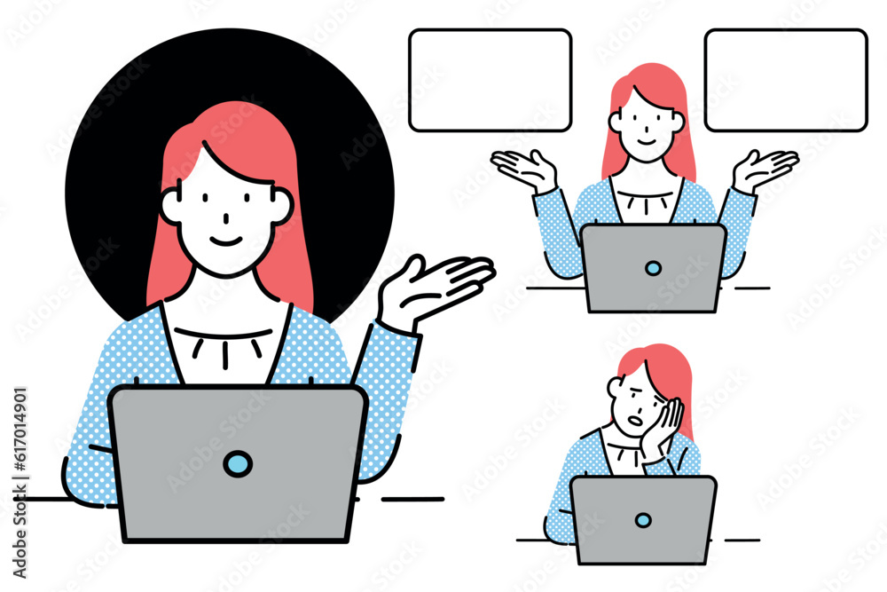 Business woman sitting in front of laptop. Set of different poses. Vector illustration Business woman sitting in front of laptop. Set of different poses. Vector illustration