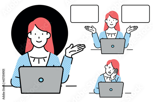 Business woman sitting in front of laptop. Set of different poses. Vector illustration