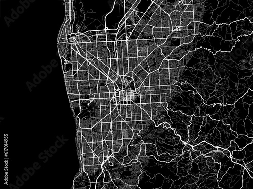 Vector road map of the city of  Adelaide in the Australia with white roads on a black background.