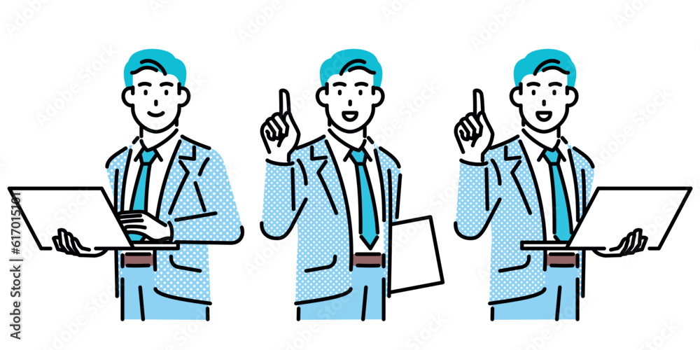 Set of businessmen standing with laptops in three different poses. Set of businessmen standing with laptops in three different poses.