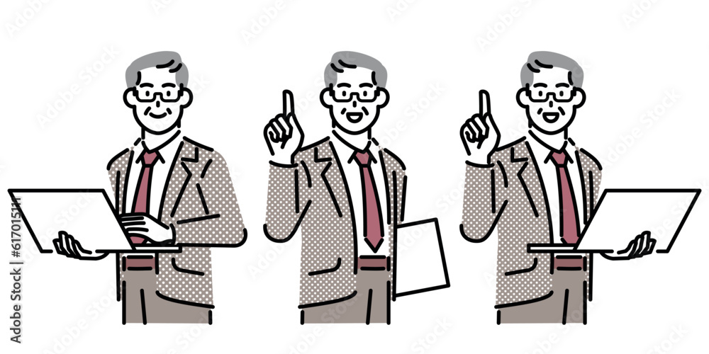 Set of businessmen standing with laptops in three different poses. Set of businessmen standing with laptops in three different poses.