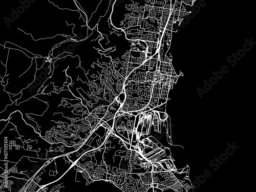 Vector road map of the city of  Wollongong in the Australia with white roads on a black background.