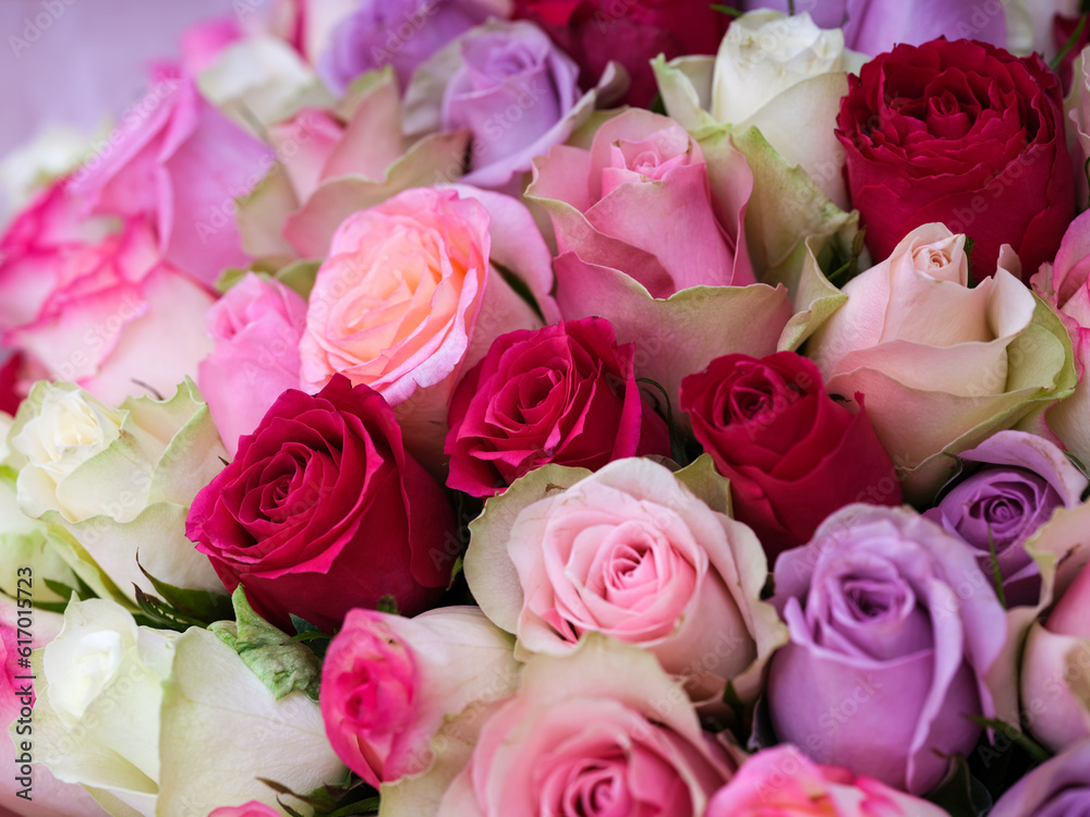 Beautiful bouquet of red, pink, white and purple roses. Beautiful bouquet of red, pink, white and purple roses.