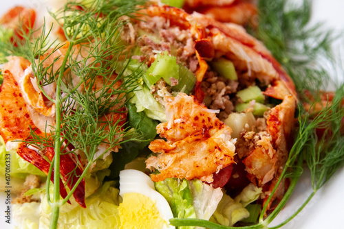 Food close up. Lobster seafood salad. Romaine lettuce. Fresh dill. Hard-boiled egg. Luxury. Gourmet eating. Delicious. Colorful. Color. 