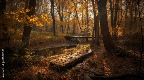 autumn scene, wooden bridge, morning light with maple landscape photograpgy. generated ai