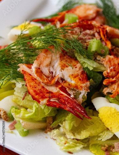 Lobster salad. Fresh, healthy eating. Luxury. Claw meat. Egg. Dill. Romaine lettuce. Delicious food.